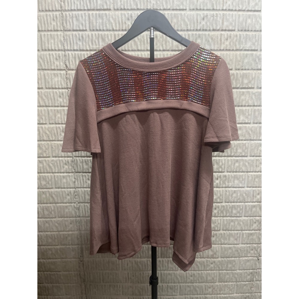 Chicos Mauve Ribbed Knit Sequin Embellished Short Flutter Sleeve Top Small TT358